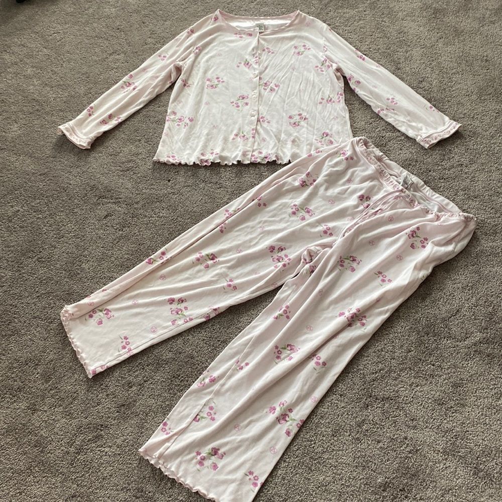 Kim Rogers Pink Floral Pajama Set Button Top Pants Soft Sleepwear SIZE LP